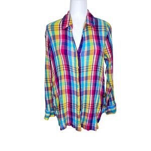 Soft Surroundings Kona Shores Button Up Gauzy Rainbow Madras Plaid Cotton LGE